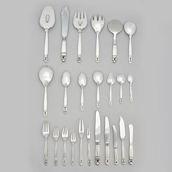 Georg Jensen, bestickservis, 153 delar, "Konge/Acorn", sterling silver och rostfritt, design Johan Rohde, Köpenhamn 1933-1944.