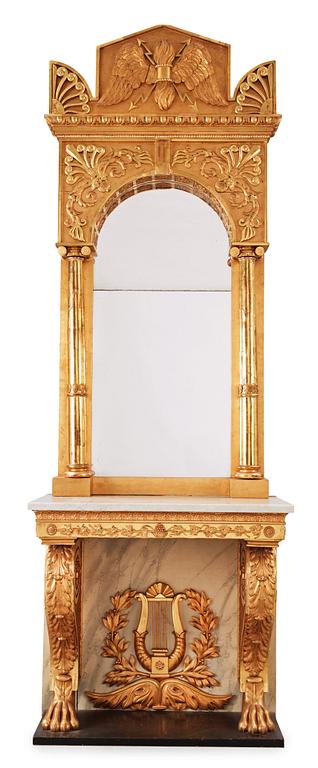 A Swedish Empire 19th century mirror and console table attributed to P G Bylander, master 1802.