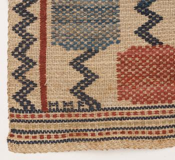 WEAVINGS, 3 pcs., Two "Skaftblomman", 133,5 x 48 and 41 x 39,5 cm. One "Lövendal", 38,5 x 40,5 cm. Flat weave (inplock på linnebotten). Signed MMF.