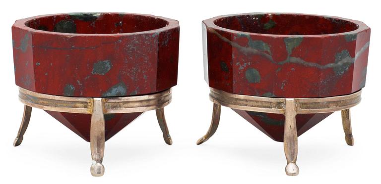 A pair of Swedish early 19th century iron-silicon salts. Silver stands with maker's mark J. H. Leffler, Falun 1817.