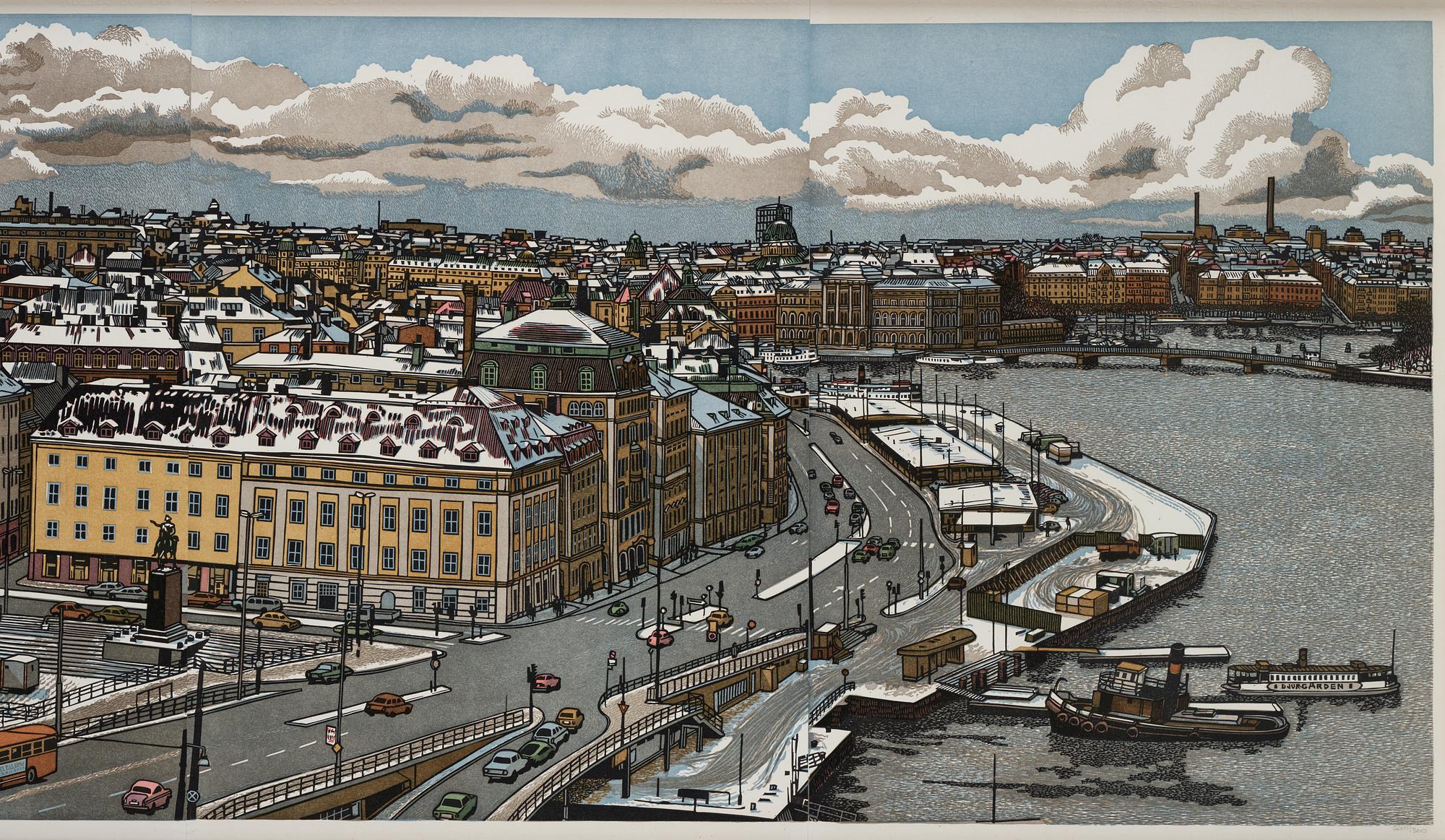 SVENOLOV EHRÉN, färgträsnitt, samramade motiv över slussen. 225/360.