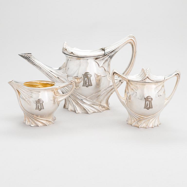 A 3-piece Art Nouveau silver plated tea set, Paul Follot, France early 20th century.