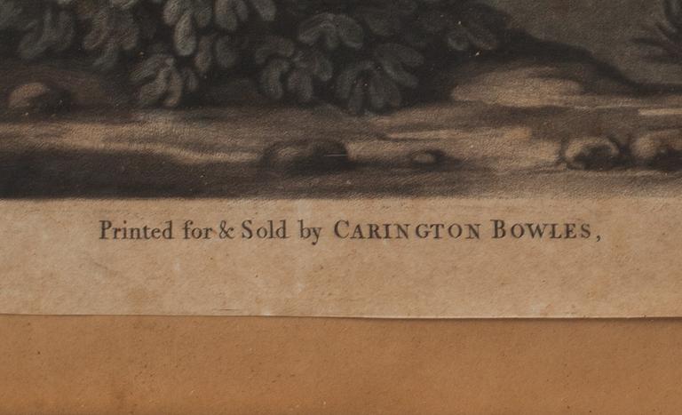 CARINGTON BOWLES, utgivna av, gravyrer, två st, handkolorerade, 1700-talets slut.