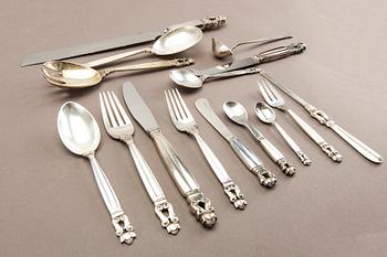 Johan Rohde, a set of 79 pcs of "Konge/Acorn" sterling silver flatware, maker's mark Georg Jensen, Copenhagen post 1945.