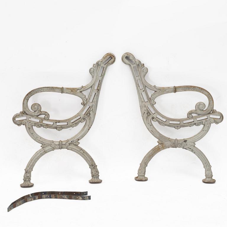 A pair of cast iron bench gables, Näfeqvarns Bruk, Sweden.