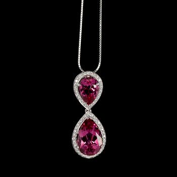 PENDANT, drop cut pink topaz with brilliant cut diamonds, tot. 0.32 cts.