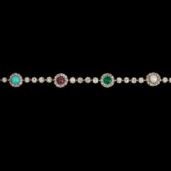 An antique cut diamond, tot. app. 5.70 cts, ruby, app. 1.13 cts, and emerald bracelet, app. 1.30 cts.