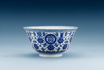 1737. A blue and white 'Shou' bowl, Qing dynasty, mark and period of Qianlong (1736-95).