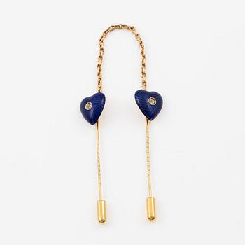 Brooch pins with chain, 14K gold and enamel, and old-cut diamonds.