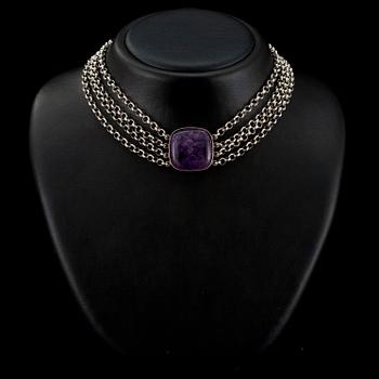 KAULAKORU + KORVAKORUT, Sterling hopeaa, ametisti. Kalevala Koru 1990. Paino 70 g.