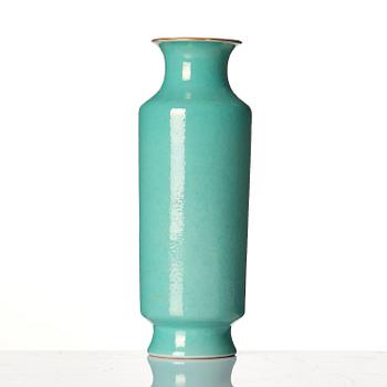 A mint green glazed vase, late Qing/Republic with Qianlong blue enamel four character mark.