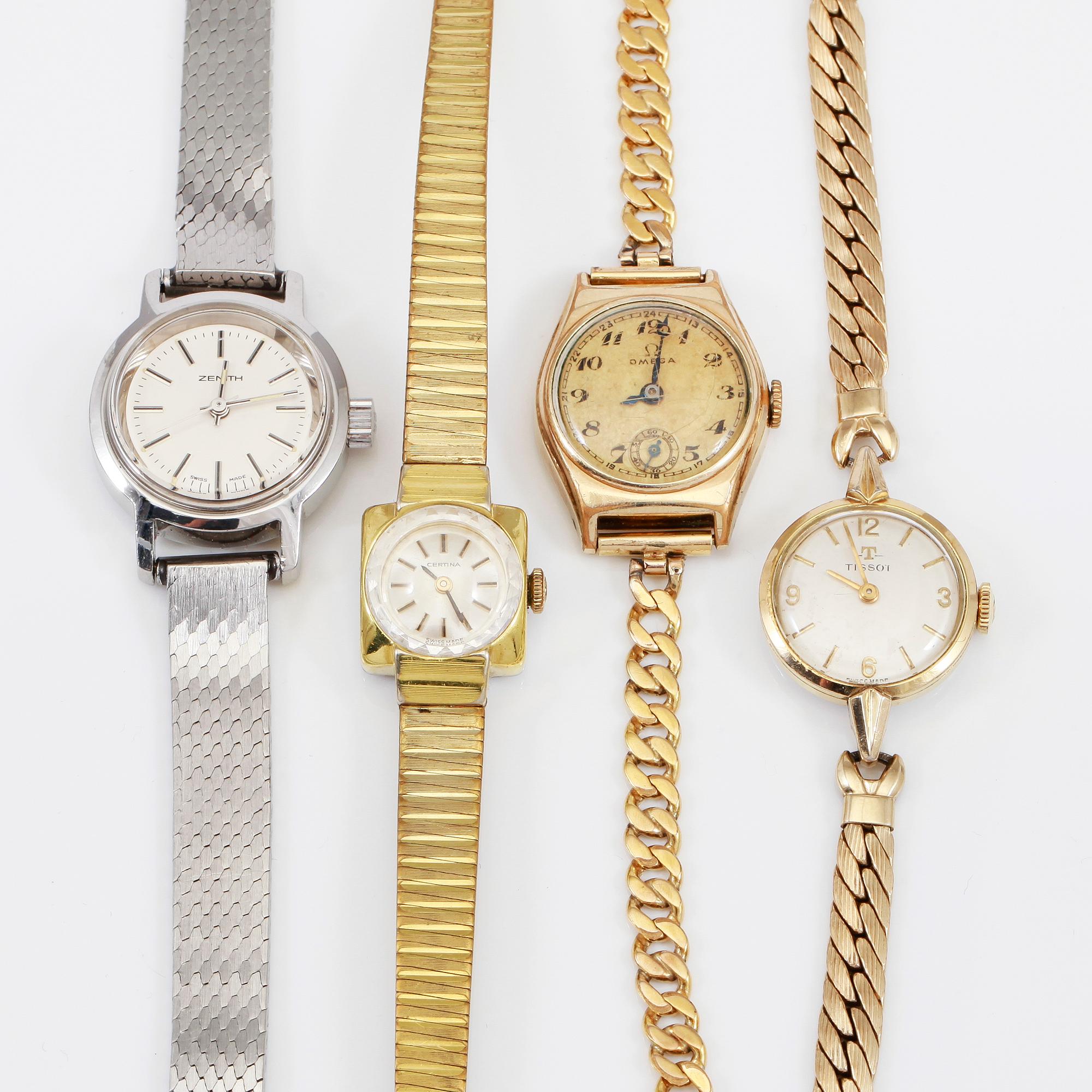 ARMBANDSUR, 4 st, stål och guld på stål, Zenith, Tissot, Certina och Omega, 1900-talets andra hälft.