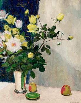 64. Olle Hjortzberg, Stilleben med rosor och äpplen.