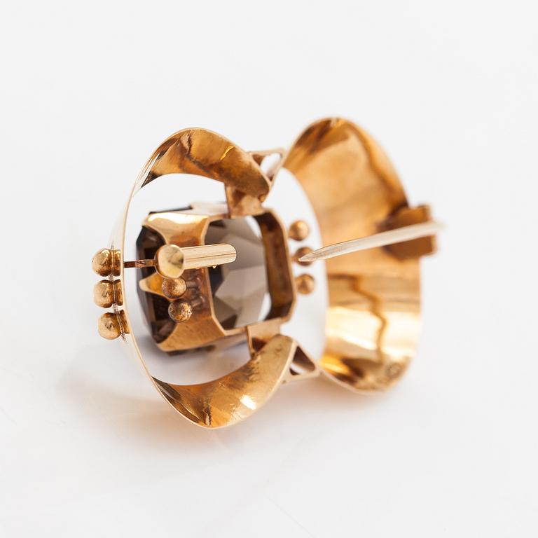 Helge Narsakka, halsband och brosch, 14K guld, rökkvarts och syntetisk spinell. Lahtis 1965.