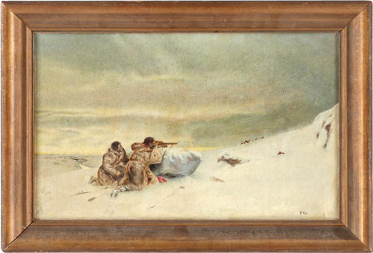 OKÄND KONSTNÄR, olja på pannå. Otydl sign samt monogramsign FG o dat 1914.