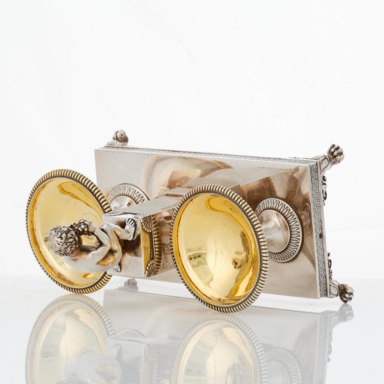 A French Empire parcel-gilt silver double salt-cellar, mark of Jean-Baptiste-Claude Odiot, Paris 1803-1809.