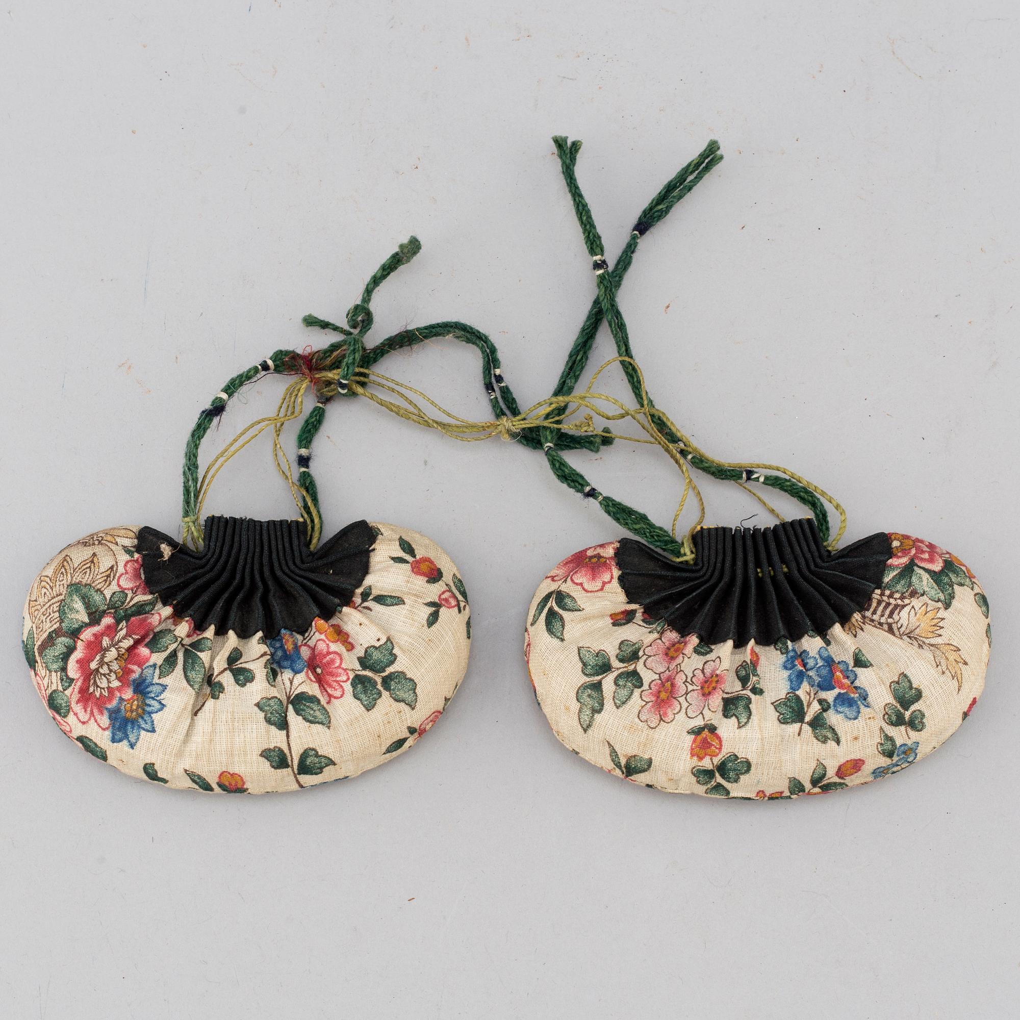 A pair of Japanese 'Geta' shows and two Chinese pouches, early 20th century.