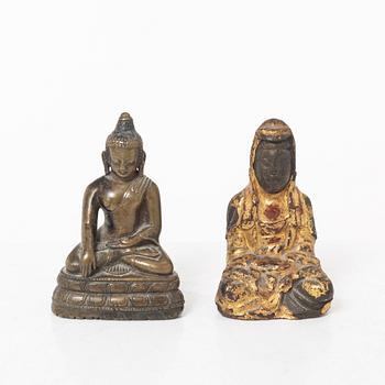 Two bronze figures, Buddha and Guanyin, Ming and Qing dynasty.