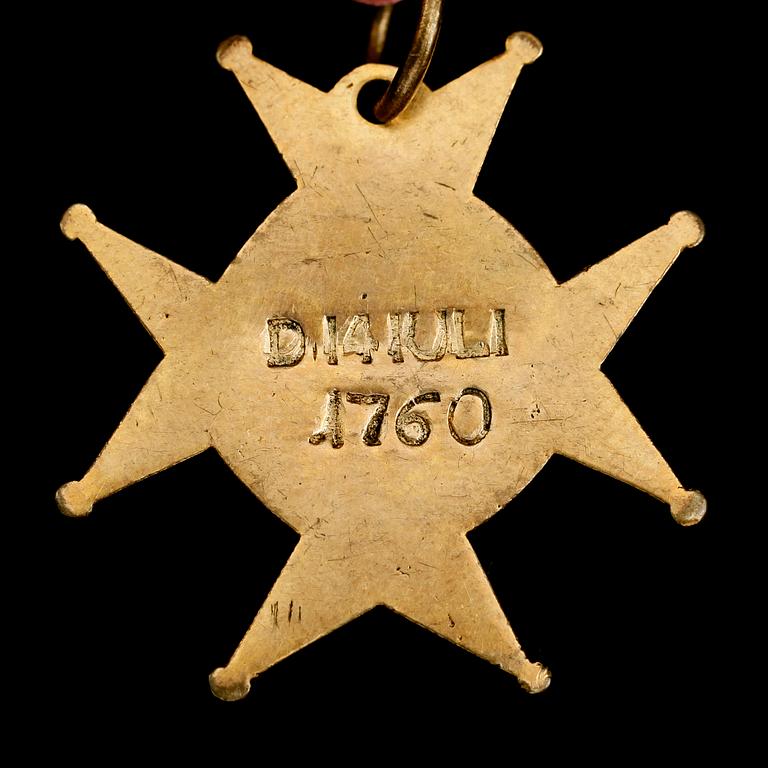 MEDALJ, förgylld metall, Amarantorden, daterad D 14 Juli 1760 samt MEDALJ, 18 k guldram, emaljdekor.