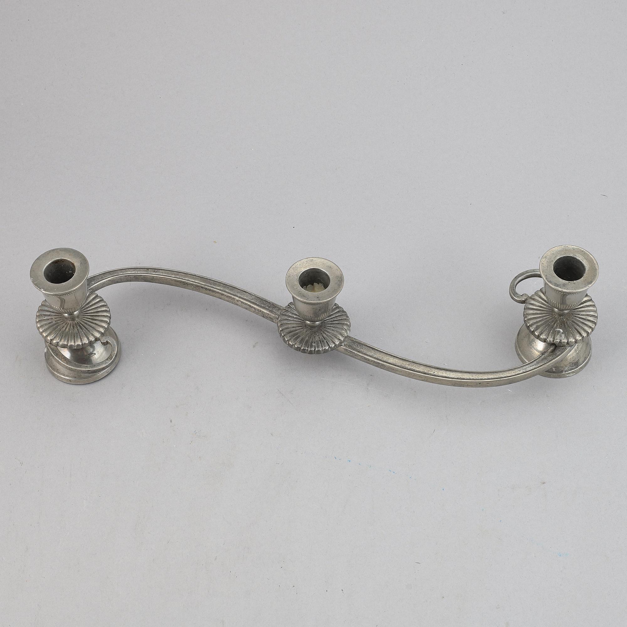 A three light pewter candelabrum, Just Andersen. Denmark.