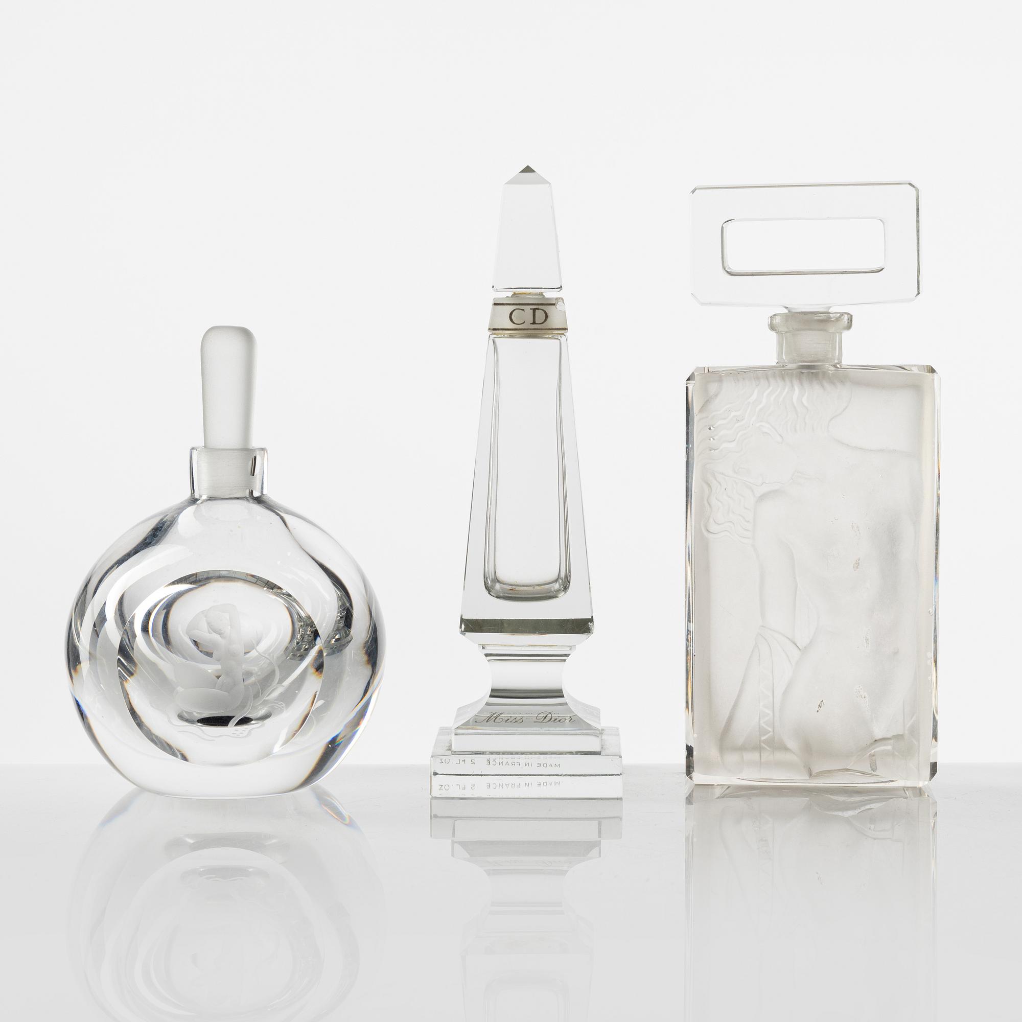 Three glass flacons, including one Vicke Lindstrand, Orrefors.