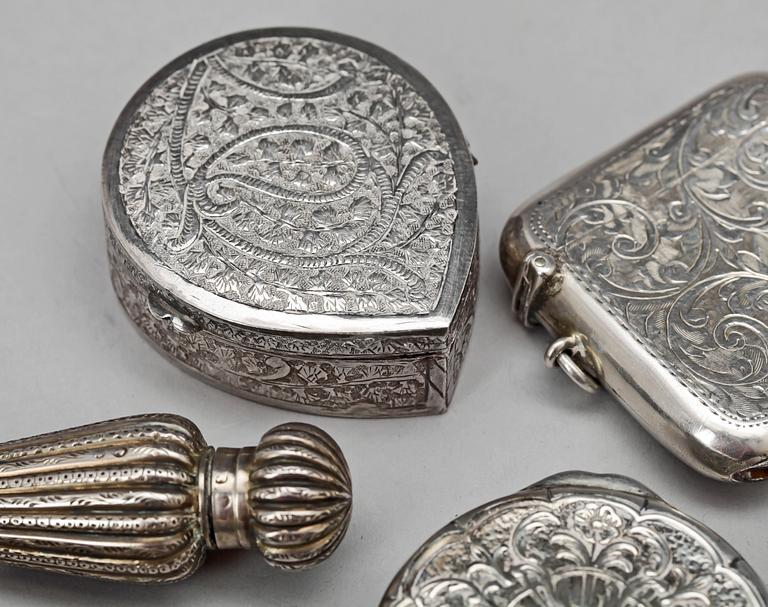 PARTI SILVERDOSOR, 9 st, Sverige och England, bla GEWE, Malmö. 1900-talets första hälft. Vikt ca 227g.