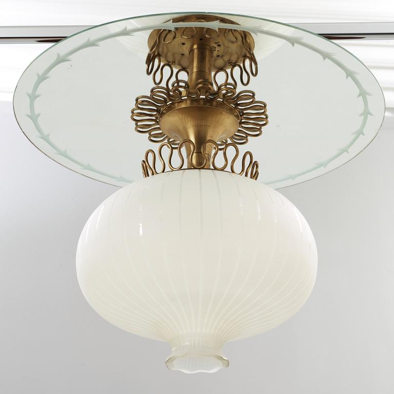 A Swedish Modern brass and blasted glass hanging light, 1940's.