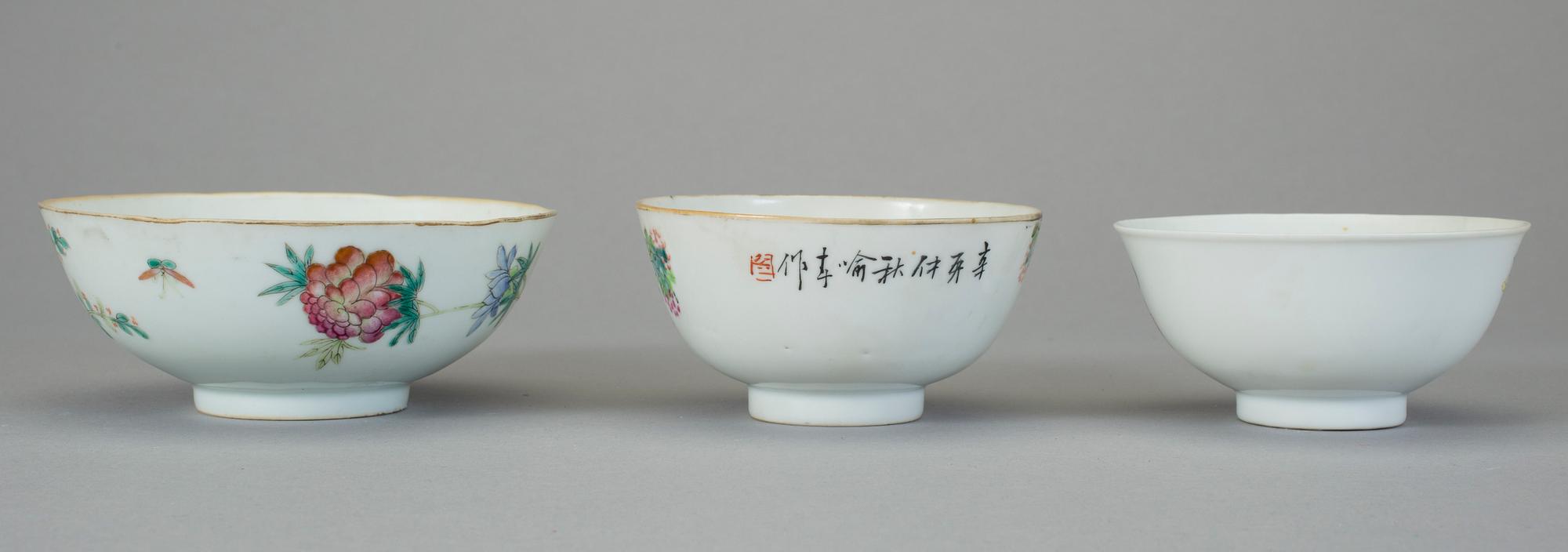 SKÅLAR, 3 st, porslin, 1800-1900-tal, bla Guangxu's märke.