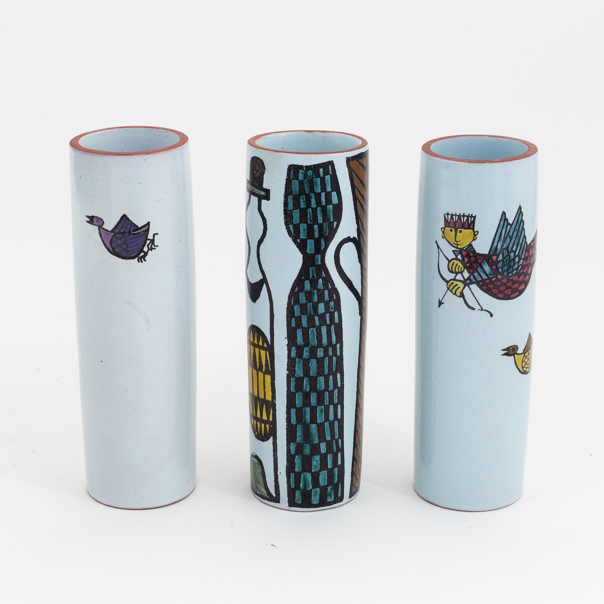 Stig Lindberg, a group of three earthenware 'Karneval' vases, Gustavsbergs studio.