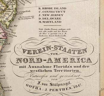 KARTA ÖVER "VEREIN-Staaten von Nord-America..." F. von Stülpnagel Gotha. J.Perthen 1847.