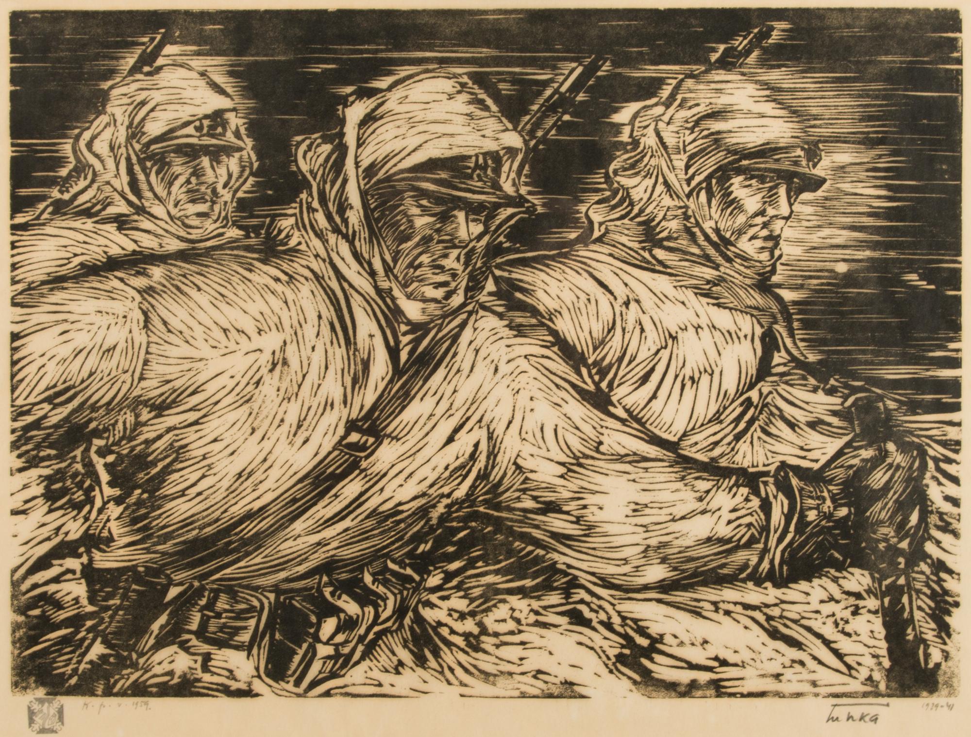 AUKUSTI TUHKA, puupiirros, signeerattu, päivätty 1939-41 ja merkitty K.p.v. 1959 ja leimattu.