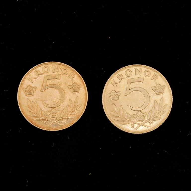 GULDMYNT, 2 st, 5 Kronor, Gustav V, Sverige 1920. Vikt ca gram.