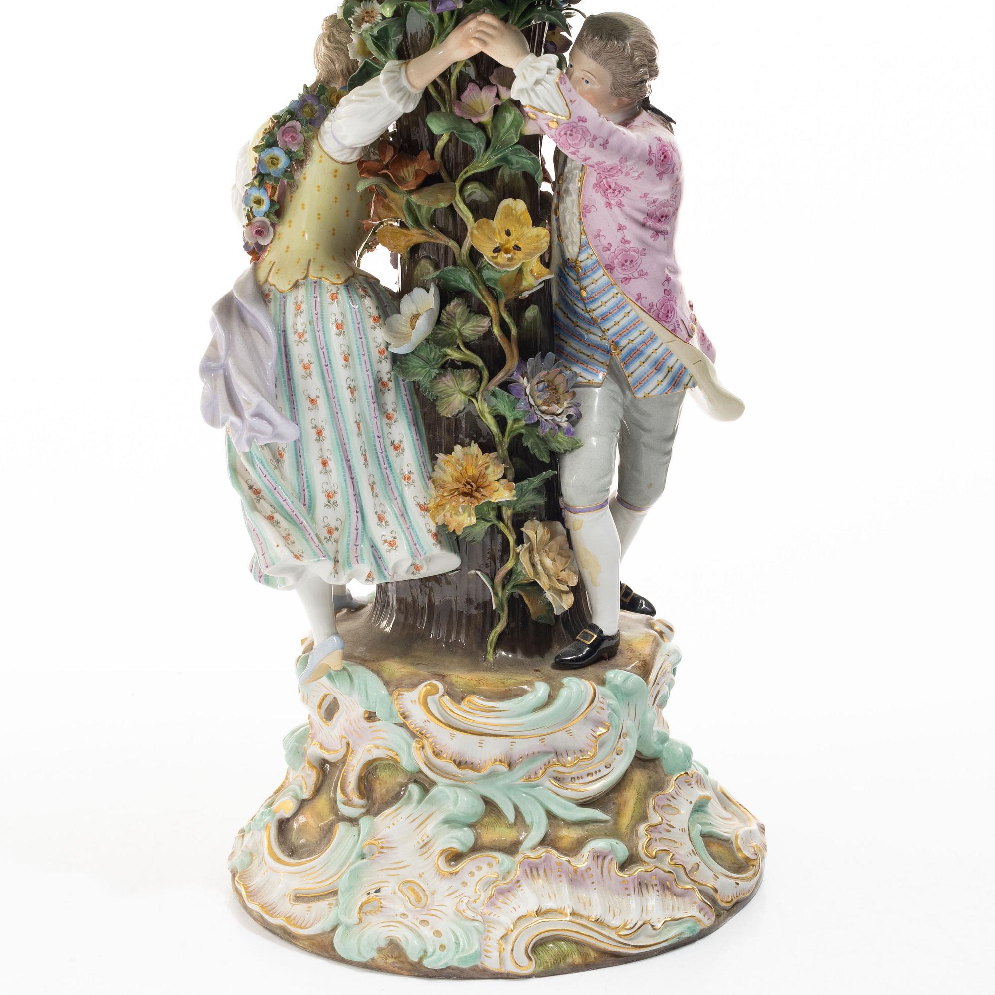 Meissen, A large polychrome reticulated porcelain basket on a pedestal with dancing figures, 19th century.