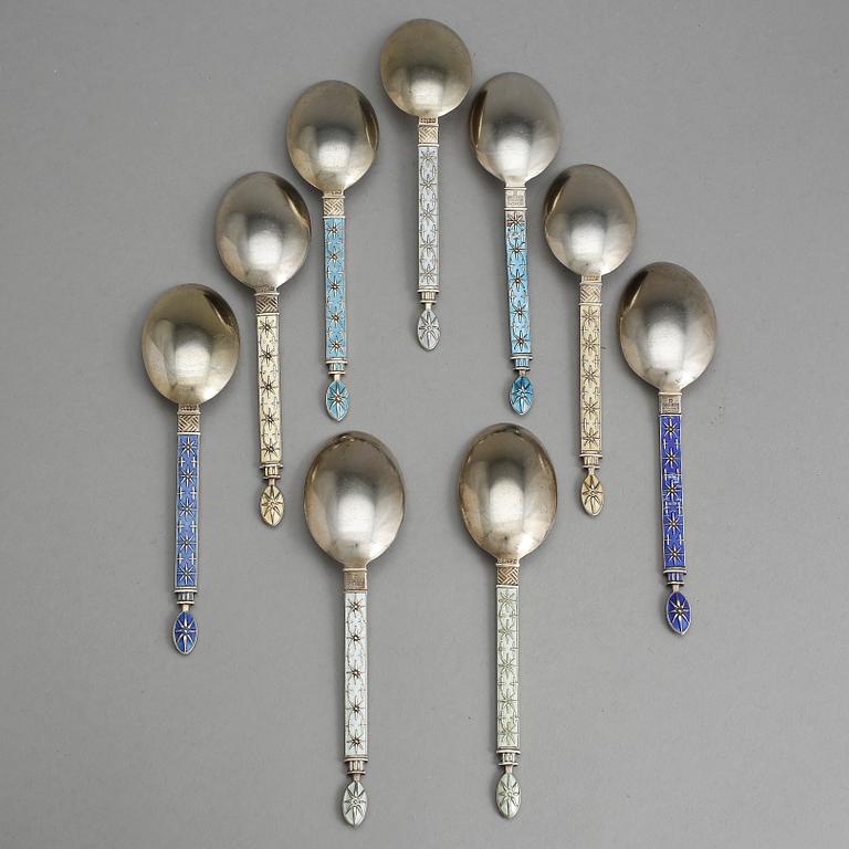 DESSERTSKEDAR, 9 st, emalj och silver, J Tostrup, Norge, Oslo, 1900-tal. Tot vikt ca 195 gram.