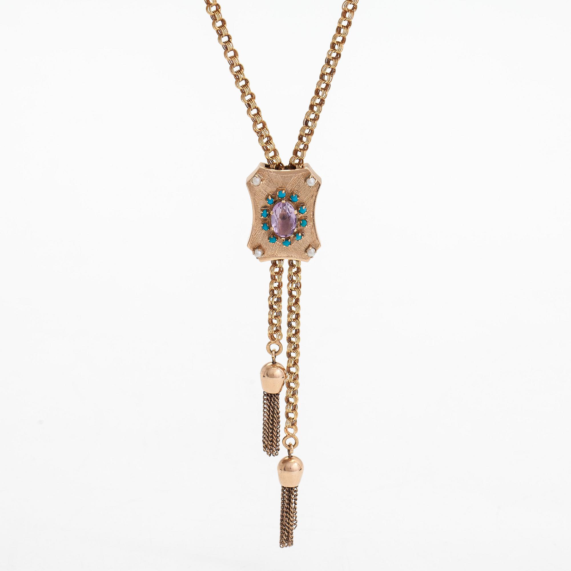 A 14K gold necklace with an amethyst, turquoises and seed pearls. Foreign marks.