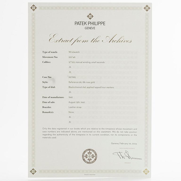 Patek Philippe, Calatrava, "Rose Gold 96", ca 1942.