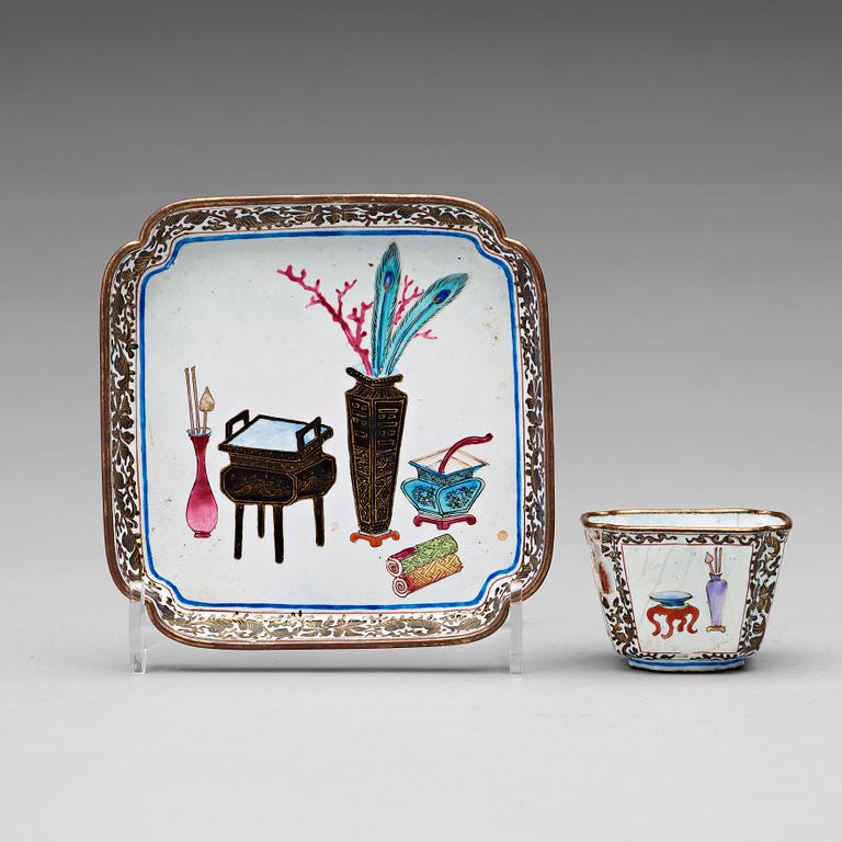 An enamel on copper winecup and stand, Qing dynasty, 18th Century.