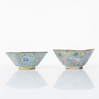 A set of six Chinese enamel on copper bowls and a dish, Qing dynasty and 20th century.