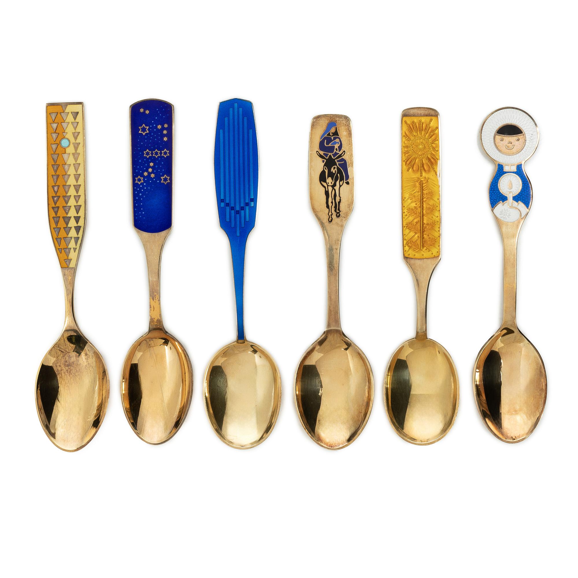 Anton Michelsen, Annual/Christmas spoons, 6 pcs, gilt sterling silver and enamel, Denmark, 1960s.