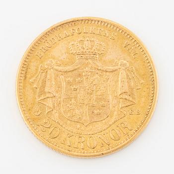 Gold coin, Oscar II, 20 kronor, type II, Sweden 1876.