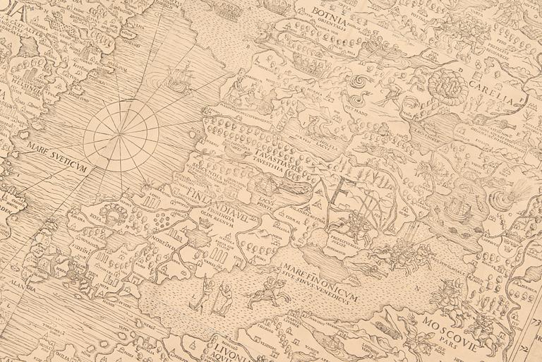 A reproduction of the 1539 Carta Marina by Olaus Magnus, printed in 1949 by Malmö Ljustryckanstalt, Sweden.