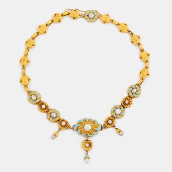 492. An 18K gold and enamel necklace set with pearls and half pearls.