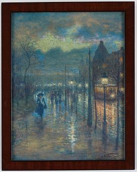Erik Tryggelin, Street scene from Stockholm with pedestrians at night.