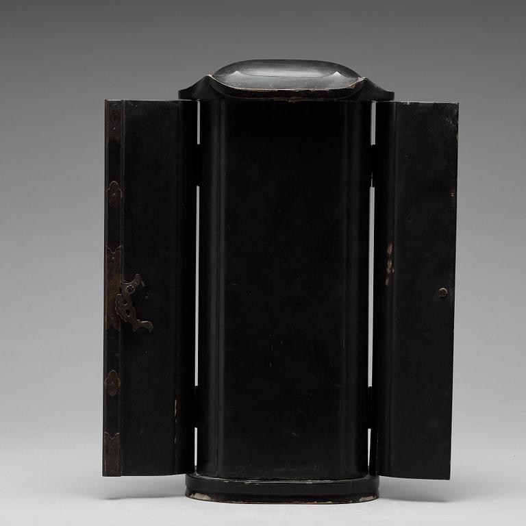 A Japanese gilt and lacquered wooden figure of Buddha and a travel shrine, Edo Period, 19th century.
