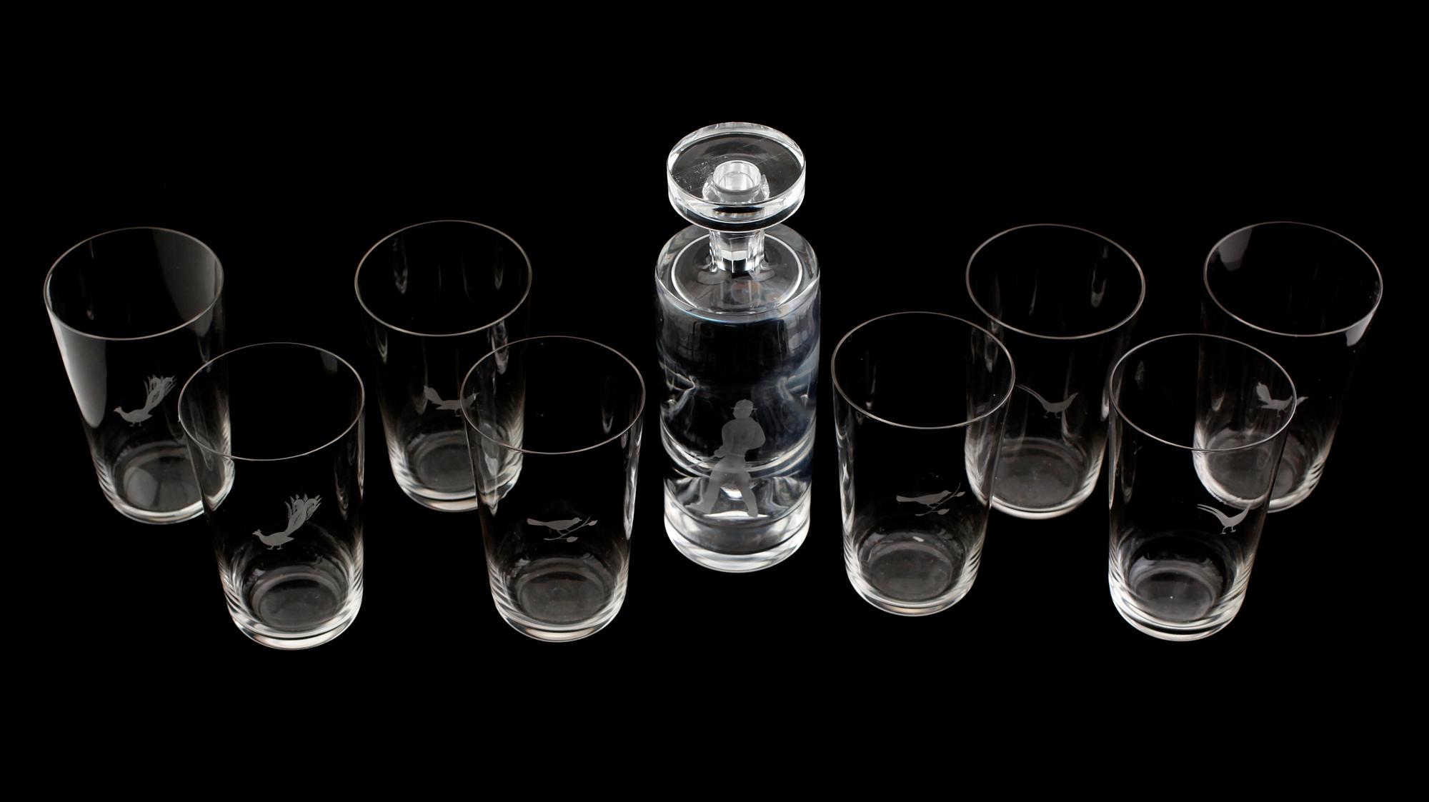 GROGGLAS OCH KARAFF, 9 delar, glas, Orrefors och Kosta, 1900-talets första hälft.