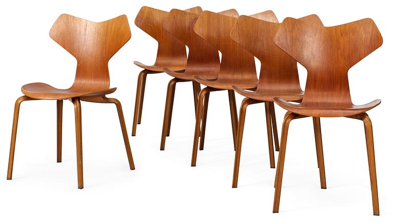 A set of six Arne Jacobsen teak 'Grand Prix' chairs by Fritz Hansen, Denmark.