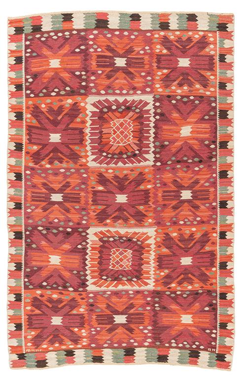 Barbro Nilsson, a carpet, 'Nejlikan röd', tapestry weave, c 331 x 214 cm, signed AB MMF BN.