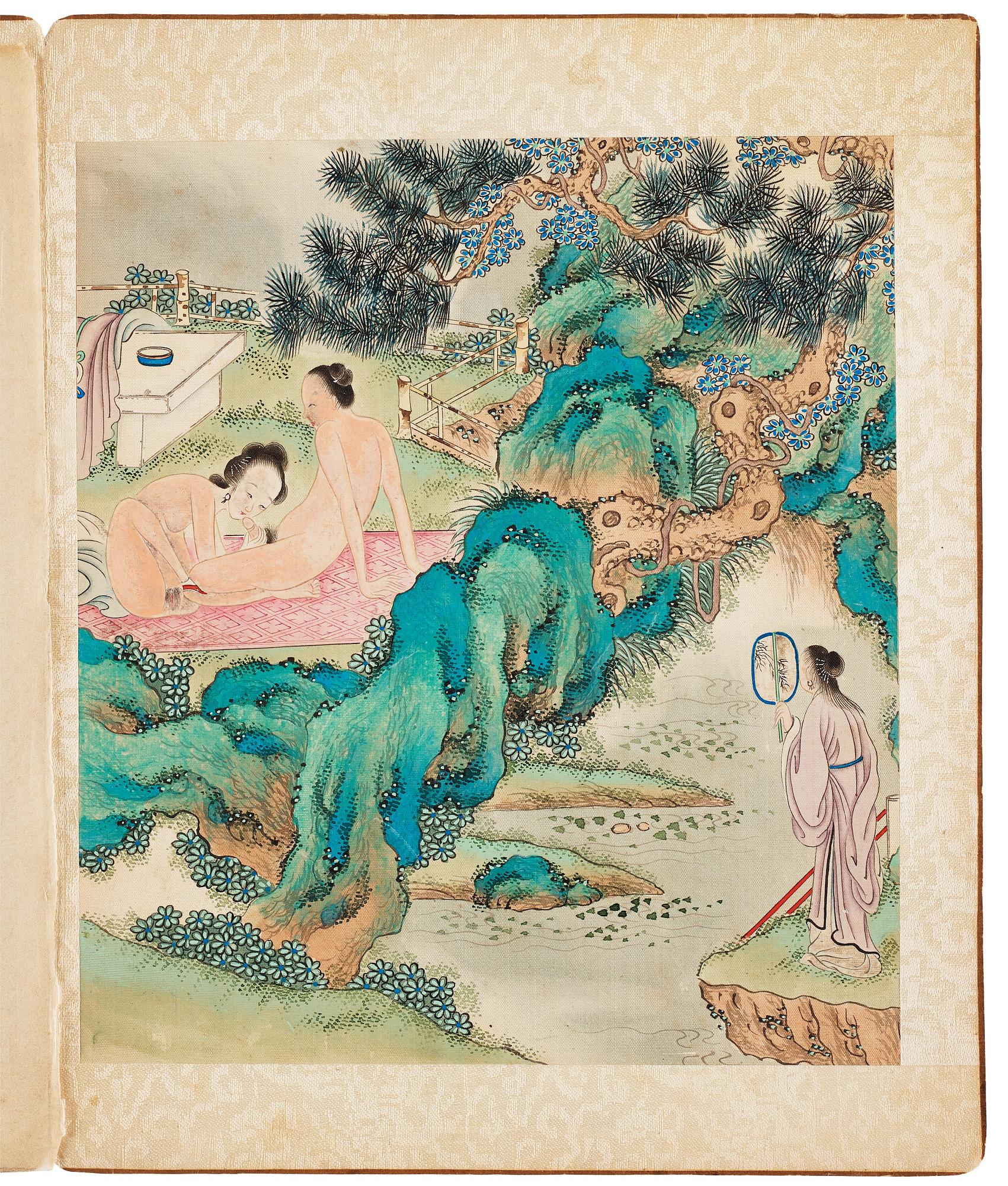 Okänd konstnär, akvarell och tusch på siden, tre stycken i bok. Qingdynastin, 1800-tal.