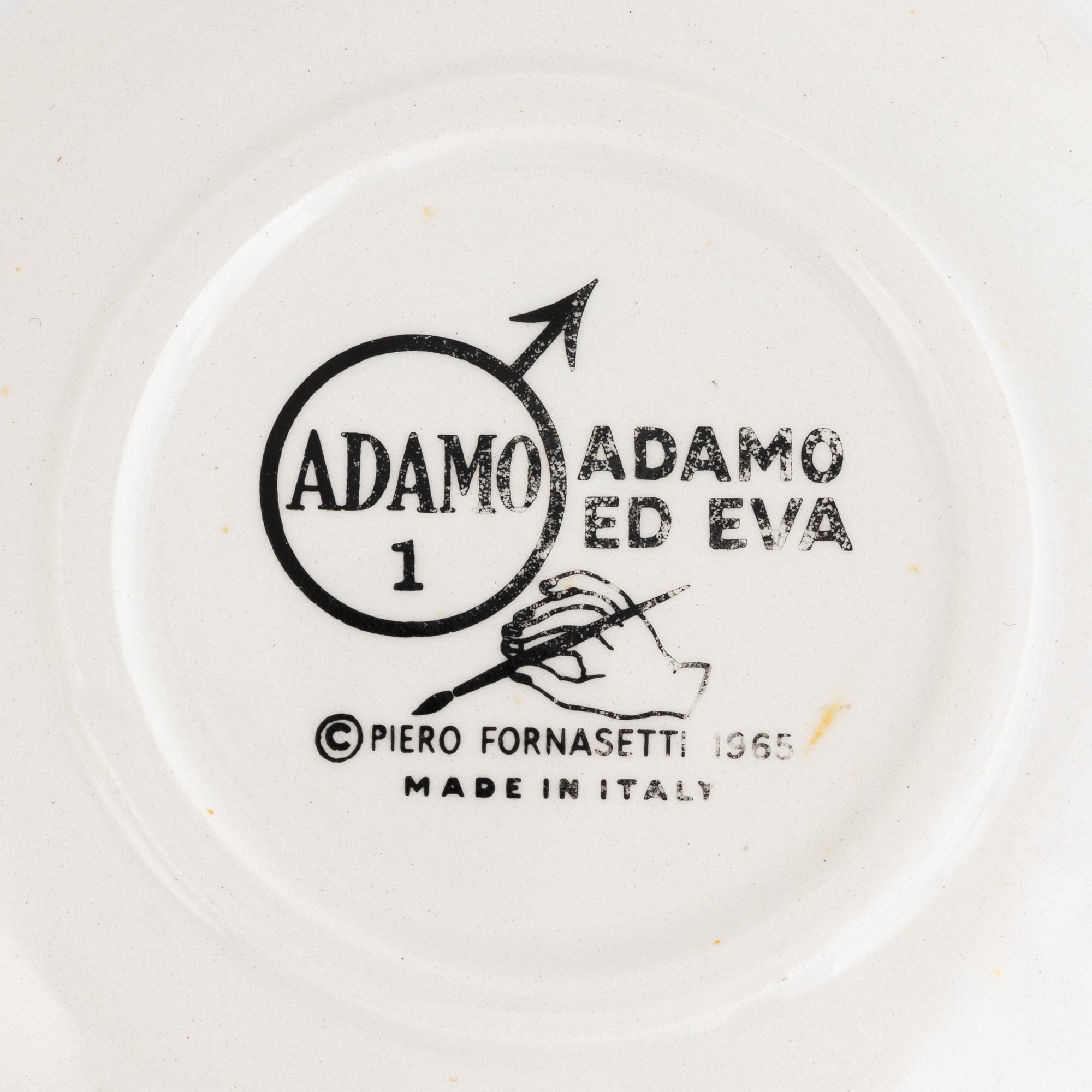 Piero Fornasetti, glasunderlägg, 8 st, "Adamo ed Eva",flintgods, Milano, Italien, 1965.