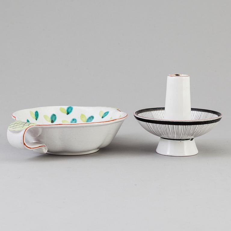 A Stig Lindberg faience candle-stick and  a bowl, 1940's.